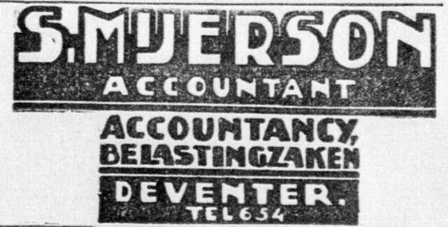 De Graafschap-bode, nieuws- en advertentieblad, 27 juli 1928, pag. 11. Advertentie Samuel Mijerson's accountantskantoor te Deventer.