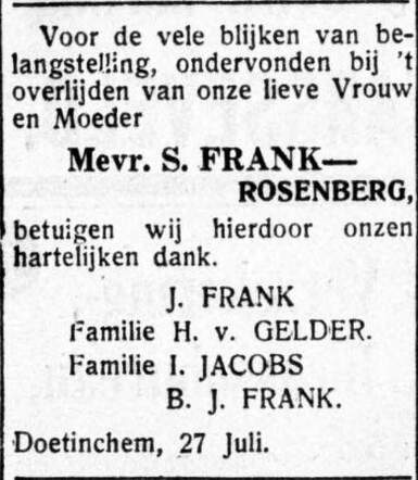 De Graafschap-bode, nieuws- en advertentieblad, 27 juli 1934, pag. 11. Overlijdensadvertentie Sara Frank-Rosenberg.