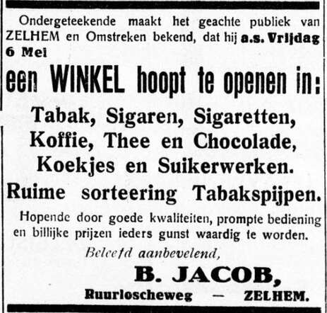 De Graafschap-bode  nieuws- en advertentieblad  4 mei 1932, pag. 3. Opening winkel Bernard Jacob te Zelhem.