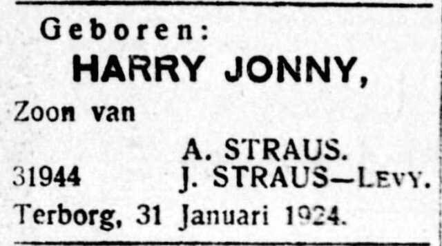 De Graafschap-bode  nieuws- en advertentieblad 5 februari 1924, pag. 4. Geboorteadvertentie Harry Jonny Straus.