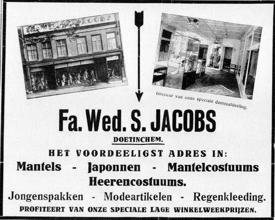 De Graafschap-bode, nieuws- en advertentieblad, 6 mei 1930, pag. 18. Advertentie kledingzaak fa. Wed. S. Jacobs te Doetinchem.