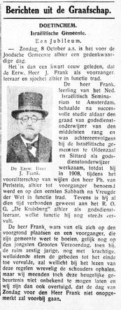 De Graafschap-bode, nieuws- en advertentieblad, 6 oktober 1933,  pag. 1. Jubileum J. Frank te Doetinchem.