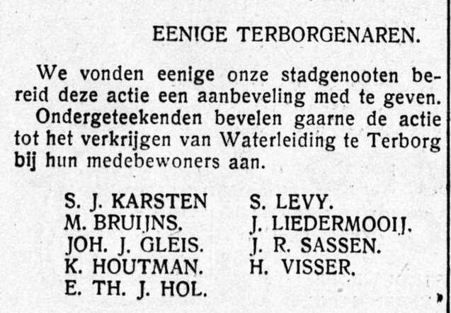 De Graafschap-bode nieuws- en advertentieblad, 7 december 1936, pag. 3. Salli Levij (Sally Levy) ondertekent actie voor waterleiding.