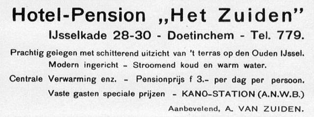 De Graafschap-bode,  nieuws- en advertentieblad,  8 mei 1936, pag. 36.  Advertentie Hotel-Pension Het Zuiden te Doetinchem.