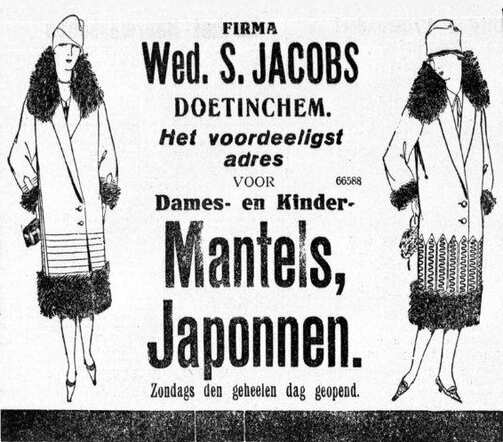 De Graafschap-bode, nieuws- en advertentieblad, 8 november 1927, pag. 8. Advertentie kledingzaak fa. Wed. S. Jacobs te Doetinchem.