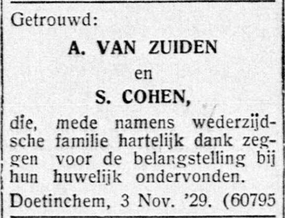 De Graafschap-bode  nieuws- en advertentieblad, 8 november 1929, pag. 28. Huwelijksadvertentie Abraham van Zuiden en Francisca Cohen.