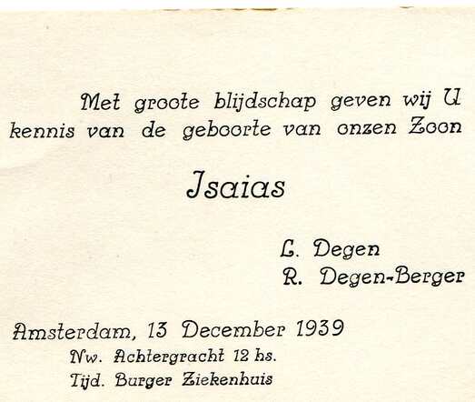 Birth announcement of Isaias (Sjakie) Degen