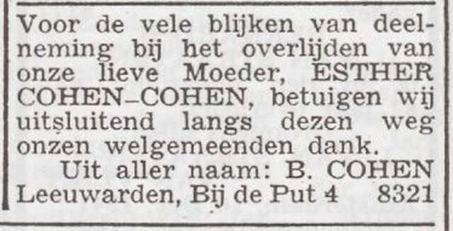 Dankbetuiging van de familie Cohen