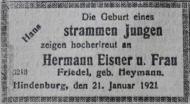 Geboortebericht Hans Eisner