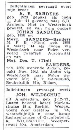 Oproep in een Nederlandse krant  van dhr. Sanders, broer van A.R. Sanders over familieleden. gebruikt in boek 'Er heerst orde en rust' van Koos Groen