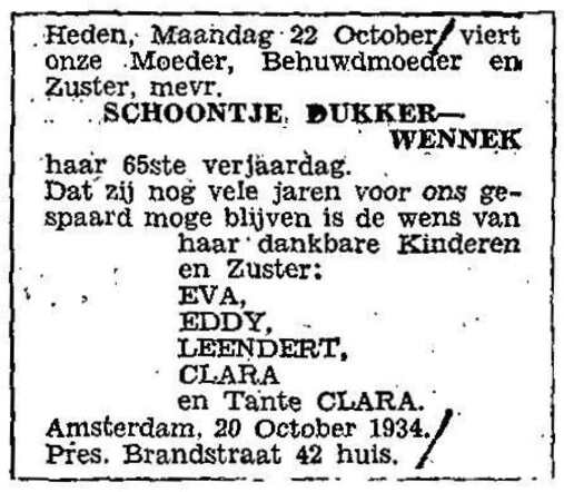 familieadvertenties Schoontje Dukker-Wennek