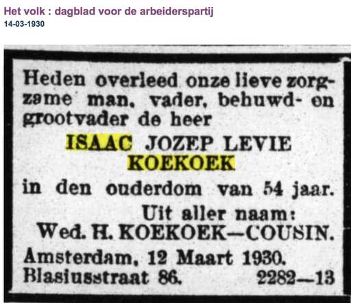 Familieberciht overlijden Isaac Jozep Levie Koekoek  in 1930