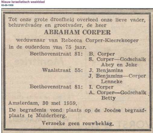 Familiebericht Abraham Corper 9-4-1884 Asd  30-5-1959 Asd