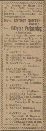 Familiebericht Esther Santen-Soesan 10-3-1858  25-10-1938