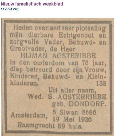 Familiebericht Hijman Agsteribbe 2-5-1851  19-5-1926