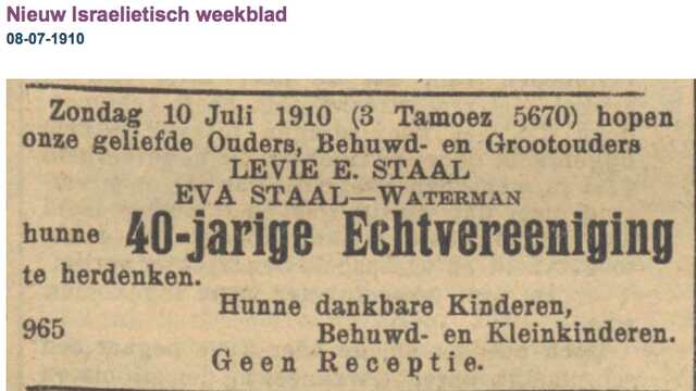 Familiebericht Huwelijk Levie Staal en Eva Waterman 1844 - 1927 40 jaar getrouwd