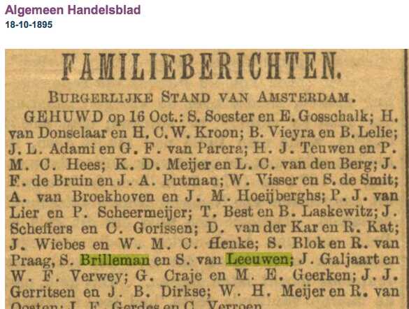 Familiebericht huwelijk Samuel Brilleman en Schoontje van Leeuwen in 1895