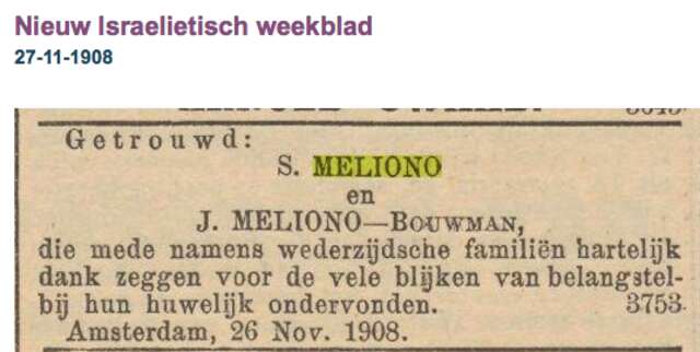 Familiebericht  Huwelijk van Samson Meliono en Jetje Bouwman