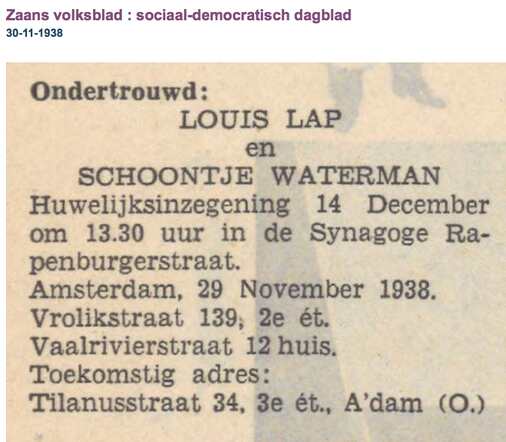 Familiebericht Louis Lap en schoontje Waterman Tilanusstraat 34-3