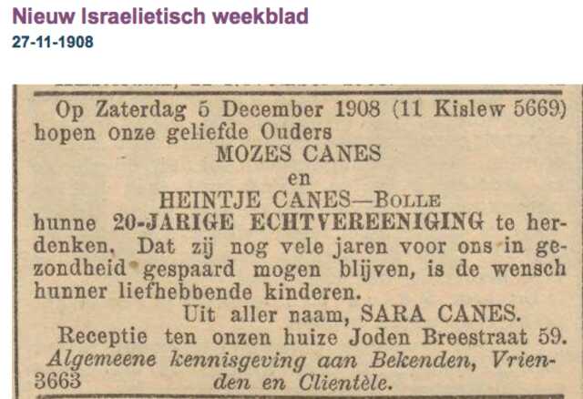 Familiebericht  Mozes Canes 5-2-1868 en Heintje Bolle 20 jaar getrouwd