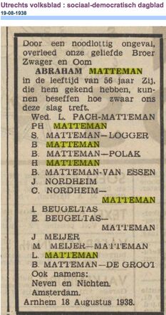 Familiebericht overlijden Abraham Matteman 1938