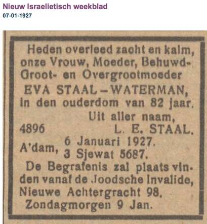 Familiebericht Overlijden Eva Staal-Waterman