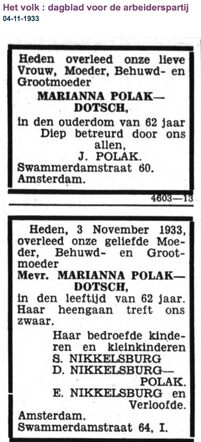 Familiebericht Overlijden Marianne Dotsch 16-4-1871  3-11-1933