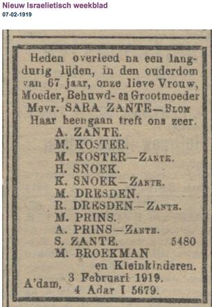 Familiebericht Overlijden moeder van Klara Snoek-Zante 28-3-1884  1956