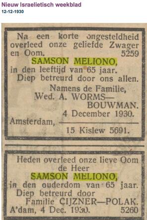 Familiebericht Overlijden Samson Meliono 31-8-1865  4-12-1903