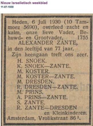 Familiebericht Overlijden vader van Klara Snoek-Zante 28-3-1884  1956