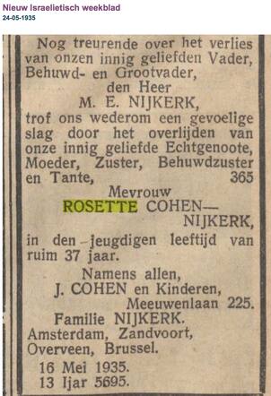 Familiebericht Overlijden van Rosette Cohen-Nijkerk