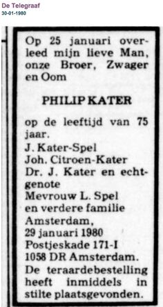 Familiebericht Philip Kater 10-4-1904  25-1-1980