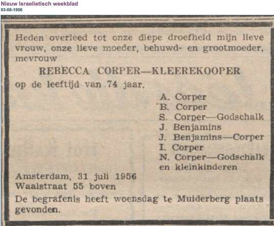 Familiebericht Rebecca Corper-Kleerekooper 20-10-1881 Asd 31-7-1956 Asd