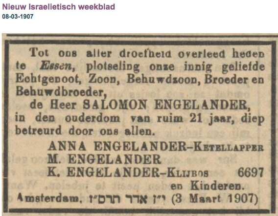 Familiebericht Salomon Engelander 12 juli 1885