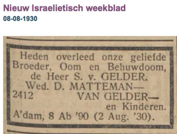 Familiebericht Salomon van Gelder 8-11-1864 Avereest  2-8-1930
