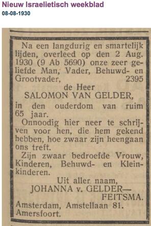 Familiebericht Salomon van Gelder 8-11-1864 Avereest  2-8-1930