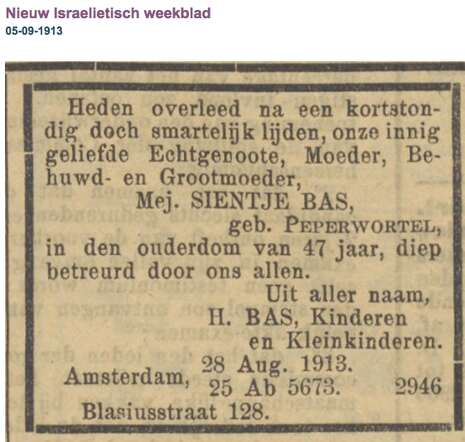 Familiebericht Sientje Bas-Peperwortel 28-8-1913 overlijden