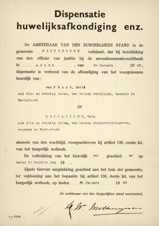 Formeel document van de goedkeuring voor het huwelijk van David van Praag en Sara Mechanicus