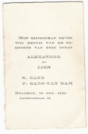 Birth announcement of the twins Alexander and Lion Gans