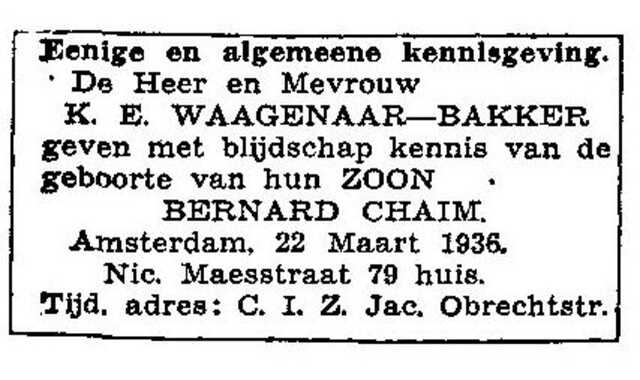 Geboorte_aankondiging_krant_bernarnd_chaim_waagenaar