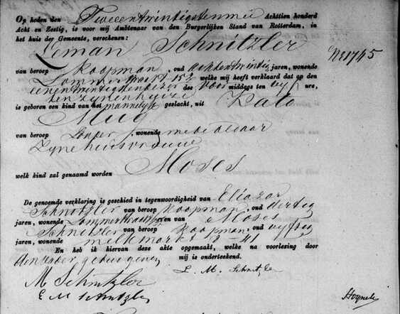 Geboorteakte Moses Schnitzler 21 mei 1868 in Rotterdam