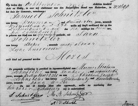 Geboorteakte Mozes Schnitzler 16 mei 1868 in Rotterdam