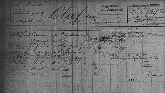 Gezinskaart Barend van Cleef 2-11-1890  Stadsarchief Amsterdam