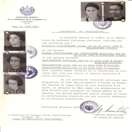 Ongeauthoriseerd staatsburgerschapscertificaat voor El Salvador van het gezin Greilsheimer met foto’s van de ouders en de kinderen. (en)
