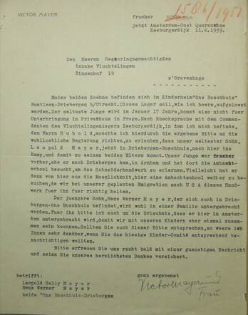 Hans Werner en Leopold Mayer overplaatsing naar ZBG brief van vader Victor Mayer