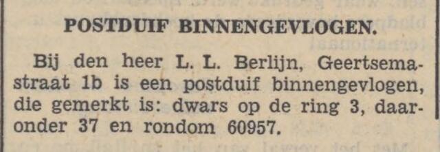 Het Volksdagblad, 13 juni 1938, pag. 6. Postduif binnengevlogen bij Lion Levie Berlijn te Rotterdam.