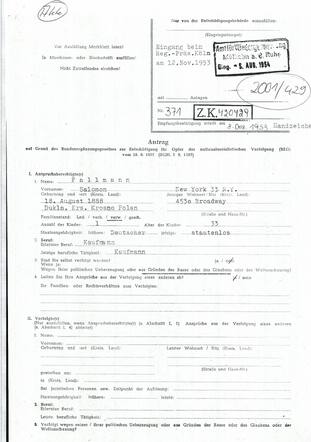 Aanvraag voor Wiedergutmachung van Salomon Fallmann, 1953