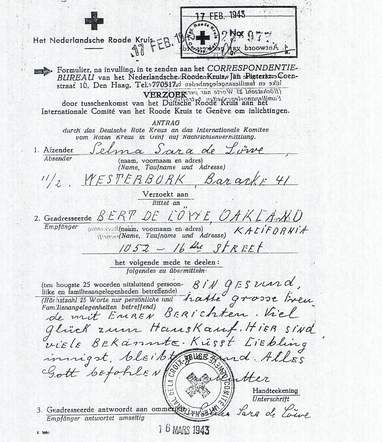 Brief van Susanne Cossen-de Löwe uit Westerbork
