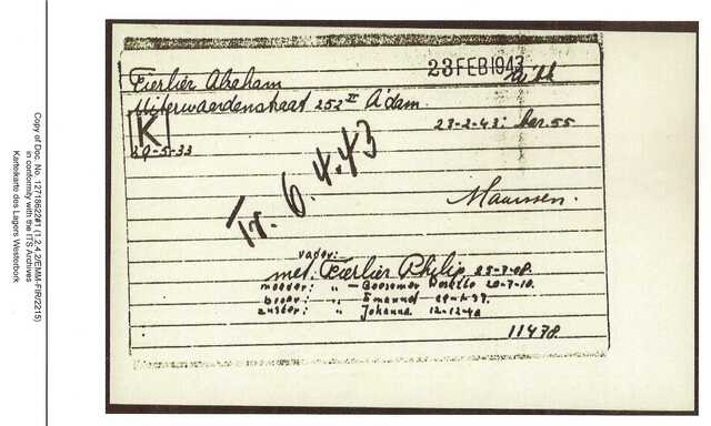 Inventaris kaart Kamp Westerbork van Abraham Fierlier geboren 29-05-1933 op transport naar Sobibor op 06-04-1943