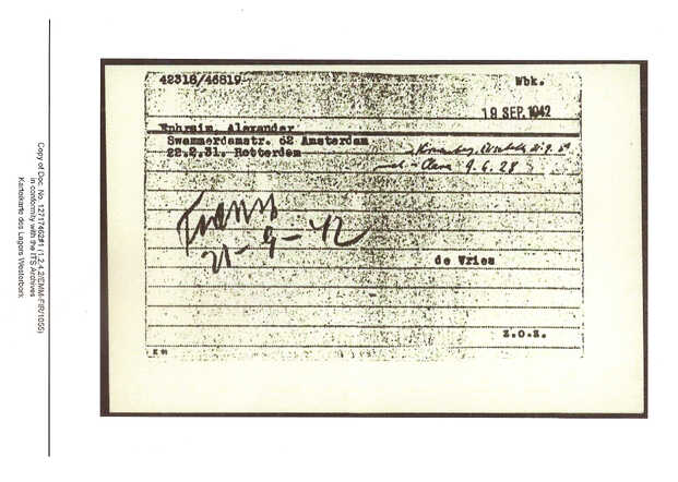 Inventaris kaart Kamp Westerbork van Alexander Ephraim geboren 22-02-1931 op transport naar Auschwitz-Birkenau op 21-09-1942